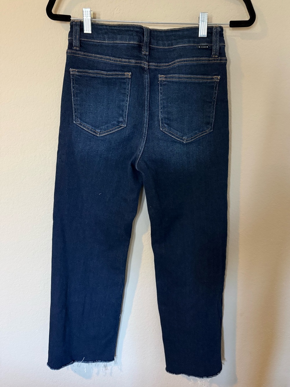 Risen High Rise Wide Leg Jeans Dark Wash Raw Hem Front Seam Size 5/27 - Picture 5 of 7